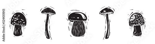 set of mushrooms in linocut style