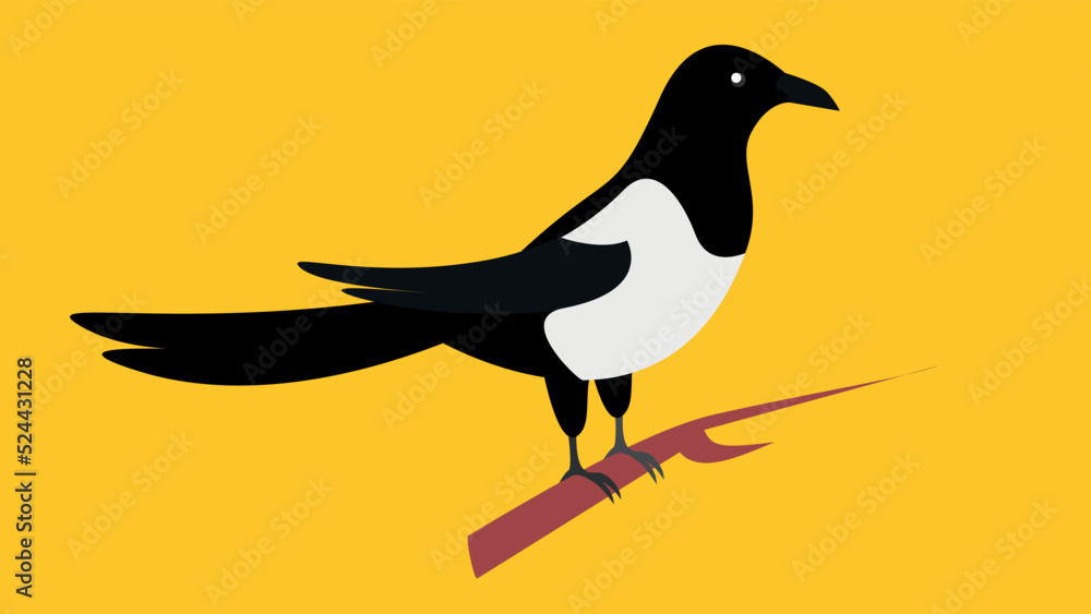 Fototapeta premium magpie on a branch on a yellow background