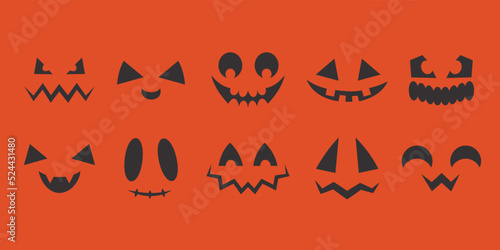 Set of scary faces in black flat style. Spooky Halloween decorations.