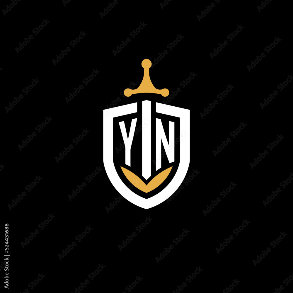 Creative letter YN logo gaming esport with shield and sword design ideas - obrazy, fototapety, plakaty 