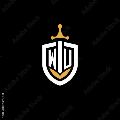 Creative letter WU logo gaming esport with shield and sword design ideas