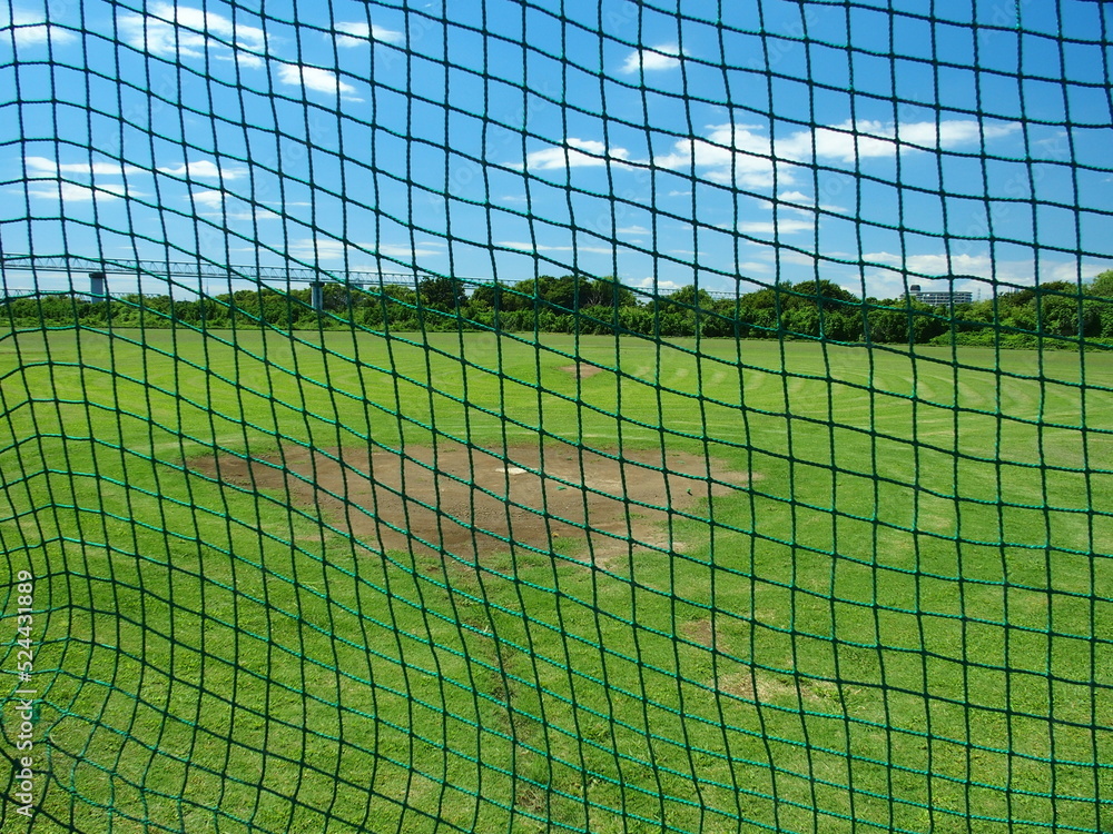 Obraz premium バックネット越しに見る夏の江戸川河川敷の野球場風景