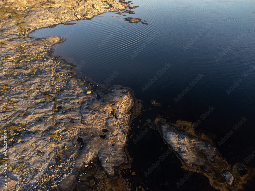 Aerial view of seascape with cliffs, calm sea in sunset. Drone photography taken from above in summer in Sweden. Copy space.