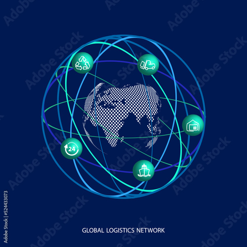 Global logistics network. Map global logistics partnership connection. Planet Earth and logistics icons in the form of satellites or your web site design, logo, app, UI. EPS10. 