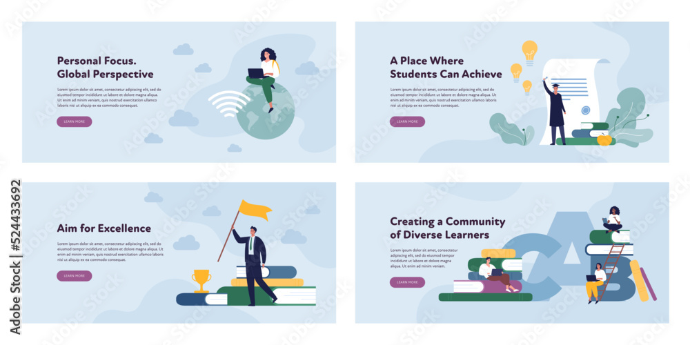 Education banner template concept. Vector flat design character illustration set. Collection of layout. Girl with laptop on planet earth. Male student with diploma graduate. Businessman with flag Education banner template concept. Vector flat design character illustration set. Collection of layout. Girl with laptop on planet earth. Male student with diploma graduate. Businessman with flag