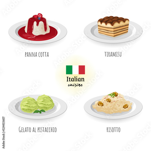 Italian cuisine (panna cotta, tiramisu, gelato al pistachio and risotto) in white isolated background. Food concept vector illustration