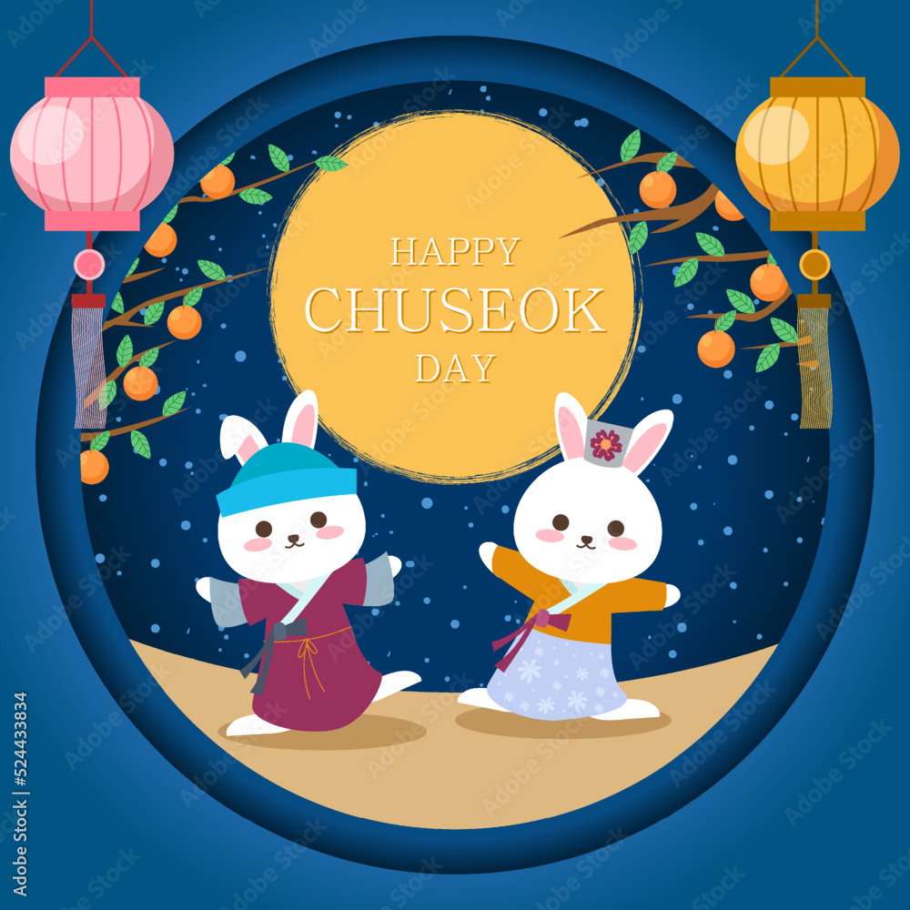 Fototapeta premium Happy chuseok day with moon rabbit and lantern