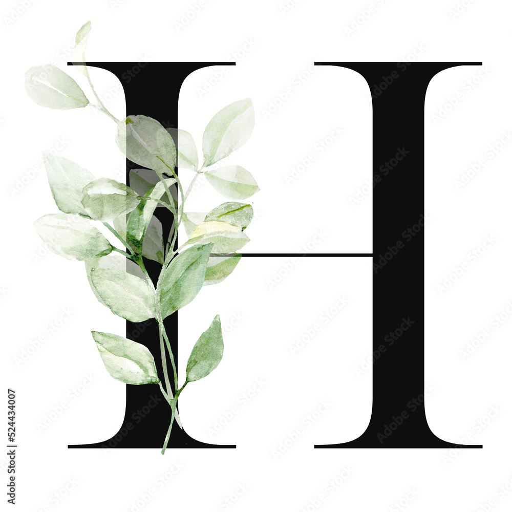 Floral alphabet, letter H with watercolor leaf. Monogram initial ...