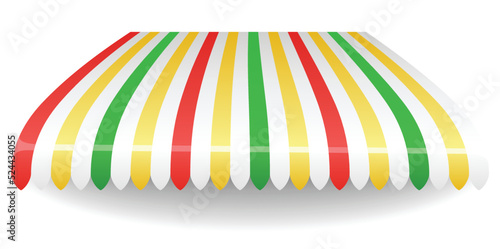 Awning element. Sunshade prevent sunlight and rain. Shop decorating. Outdoor vintage striped canopy. Marketplace tent roof, template for design