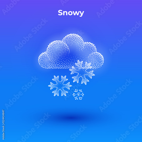 Snowy 3d icon with transparent effect. Halftone weather simple icon with minimalistic cloud and snowflakes shape.  Dots textured cloud and snow illustration.