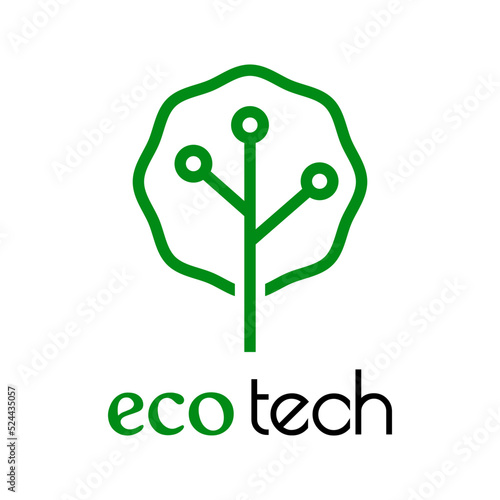 Logo con texto Eco Tech con silueta de árbol con circuito digital con líneas en color verde y negro