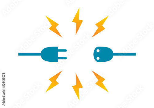 Blue plug and socket electric disconnection with yellow electric short circuit sparks flat vector icon design.