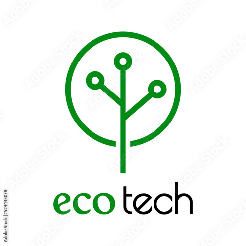Logo con texto Eco Tech con silueta de árbol con circuito digital con líneas en color verde y negro