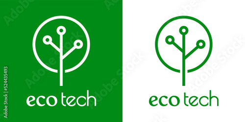 Logo con texto Eco Tech con silueta de árbol con circuito digital con líneas en fondo verde y fondo blanco