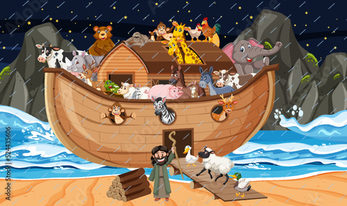 Ocean scene with Noah's ark with animals