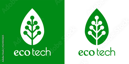 Logo con texto Eco Tech con silueta de hoja de planta con circuito digital con líneas y espacio negativo en fondo verde y fondo blanco