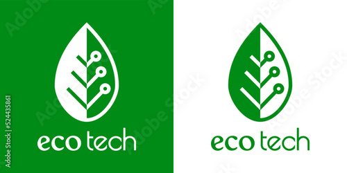 Logo con texto Eco Tech con silueta de hoja de planta con circuito digital con líneas y espacio negativo en fondo verde y fondo blanco