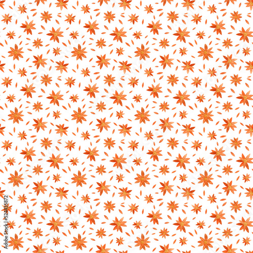 Millefleur seamless pattern hand drawn in watercolor. Summer orange floral background.