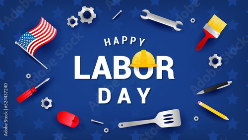 Happy USA Labor Day greeting card vector illustration. Labor tools frame with American flag on blue star pattern background