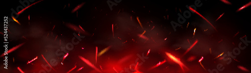 Red fire sparks overlay effect, burning campfire flame with ember particles flying in air at night. Abstract magic glow, energy blaze and shine on black background. Realistic 3d vector illustration