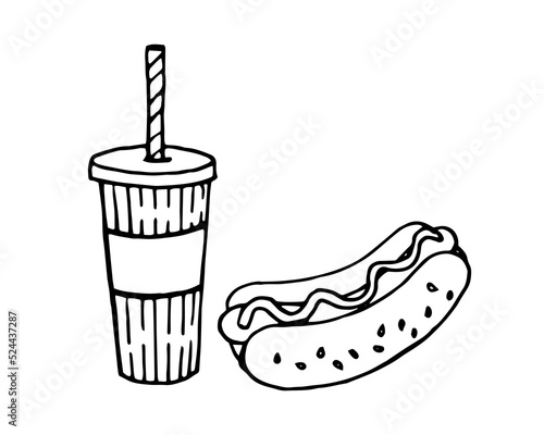 Fast food doodle illustration of drink and hotdog