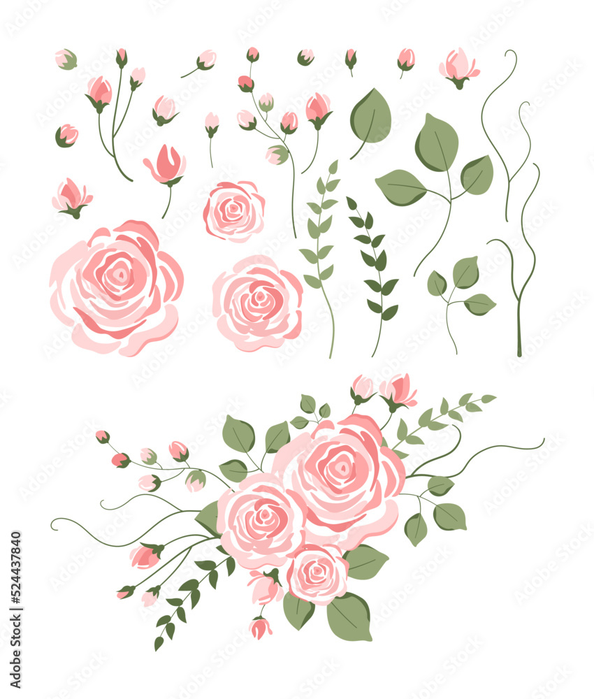 Floral composition of roses, buds, leaves, branches. Vector botanical illustration. Floral elements vector set isolated on white background, suitable for card design, wedding, invitations, greeting Floral composition of roses, buds, leaves, branches. Vector botanical illustration. Floral elements vector set isolated on white background, suitable for card design, wedding, invitations, greeting
