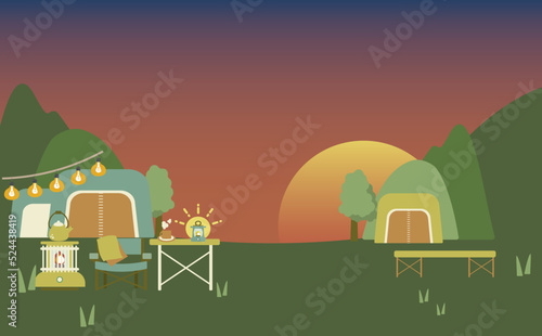 Fototapeta Naklejka Na Ścianę i Meble -  キレイな夕焼けを背景にしたキャンプの光景・フラットイラスト