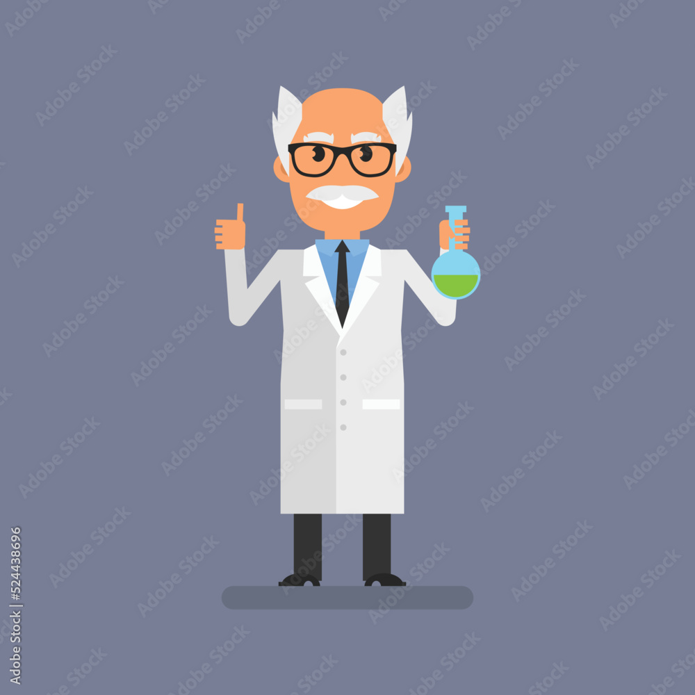Old professor showing thumbs up and holding test tube Old professor showing thumbs up and holding test tube