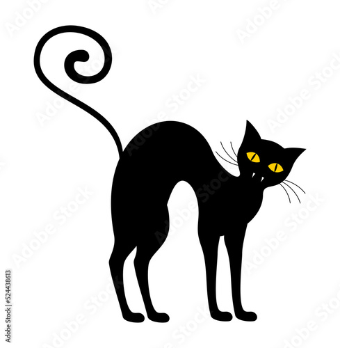 Black Halloween cat with yellow eyes and white fangs on a white background. Vector illustration