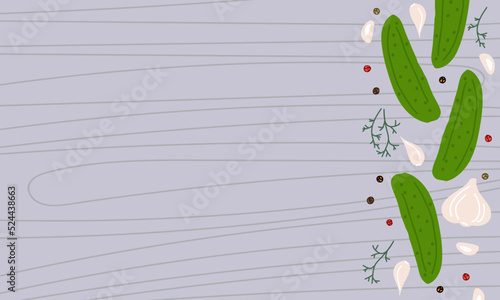 Cucumber border with copy space. Vegetables on Wooden kitchen table. Cucumber border with copy space. Food template for menu, recipe, cook book. Vector illustration isolated