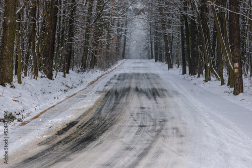 Side road covered during winter in Rogow, Lodz Province of Poland