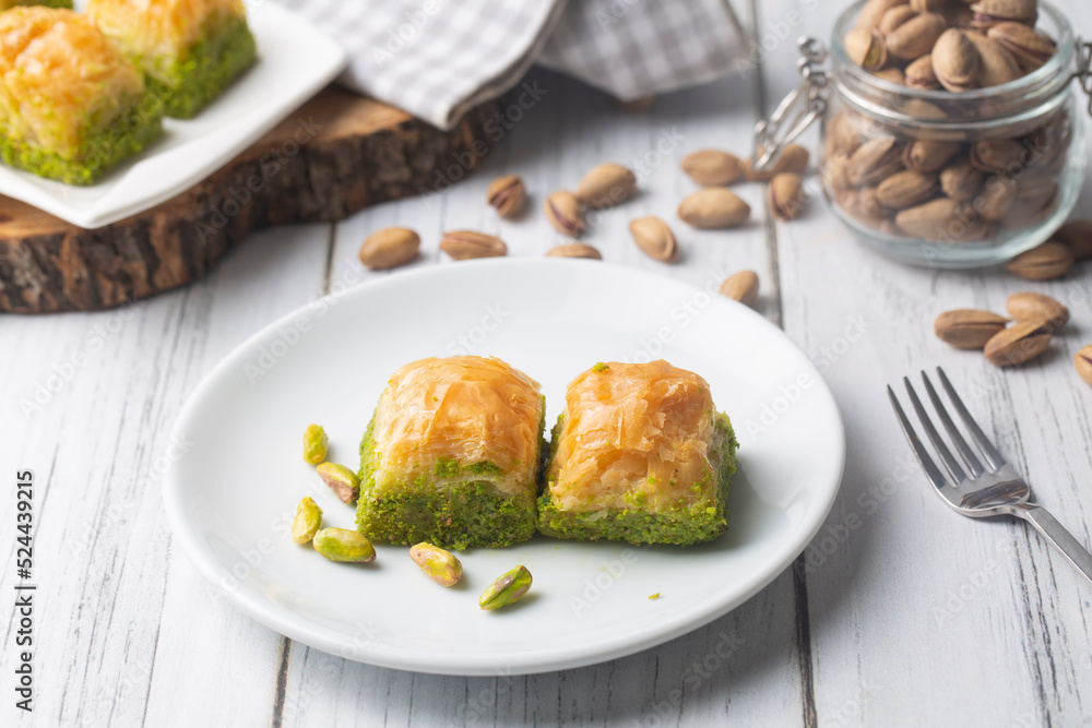 Traditional delicious Turkish dessert; pistachio baklava (Turkish name; kuru baklava)