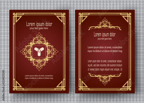 Gold vintage greeting card with red background and shiny dots texture, luxury ornament template, ideal for invitations, flyers, menus, brochures, postcards, wallpapers, etc.