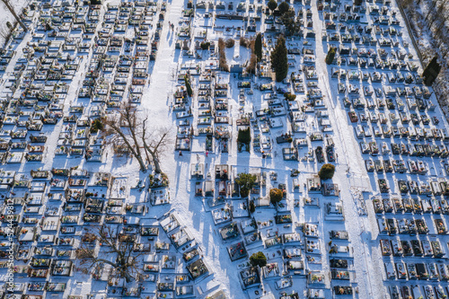 Aerial drone photo of a cemetery in Rogow village, Lodz Province of Poland