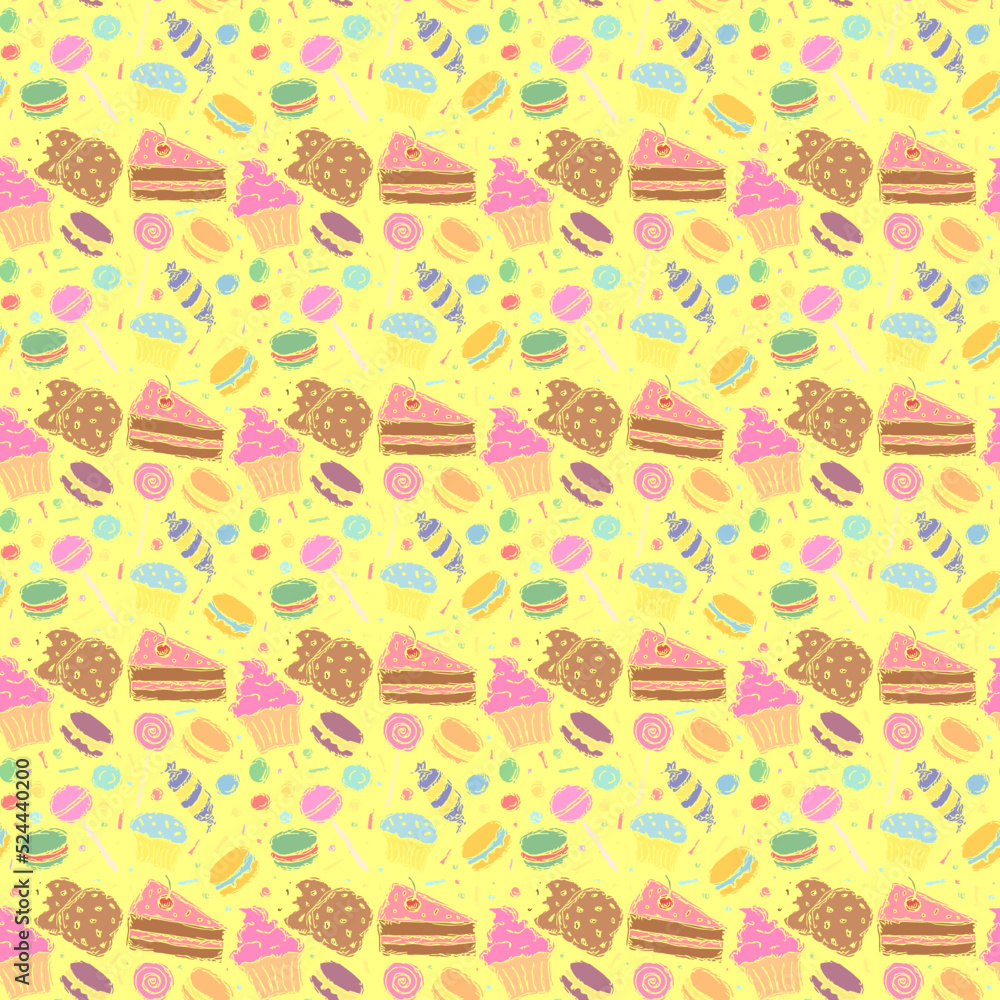 Seamless sweets pattern. Sweets and candy background. Doodle vector illustration with sweets and candy icons