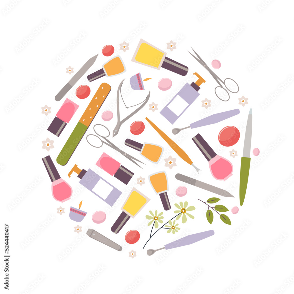 cosmetics. background in circle form with makeup products shadows nail polish different perfume for nails. Vector cosmetics symbols cosmetics. background in circle form with makeup products shadows nail polish different perfume for nails. Vector cosmetics symbols