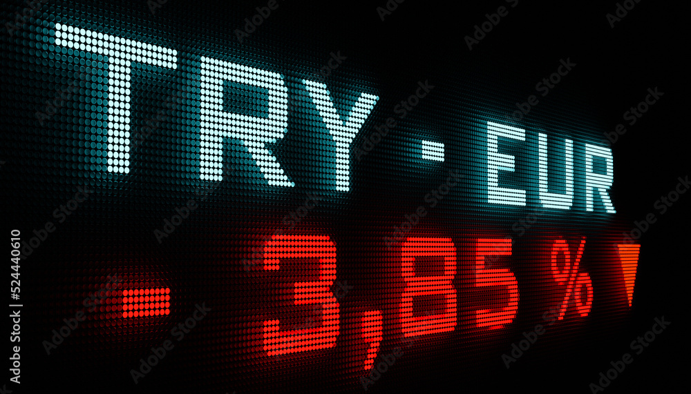 Turkish lira drops against Euro, weak exchange rate. TRY - EUR currency symbol and negative percentage change on the screen. Currency trading and business concept. 3D illustration Turkish lira drops against Euro, weak exchange rate. TRY - EUR currency symbol and negative percentage change on the screen. Currency trading and business concept. 3D illustration