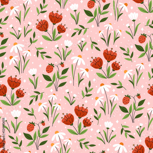 Cute summer pattern with blooming poppies, daisies, strawberries on a pink background. Meadow flowers in a romantic print for textile, wallpaper, packaging design