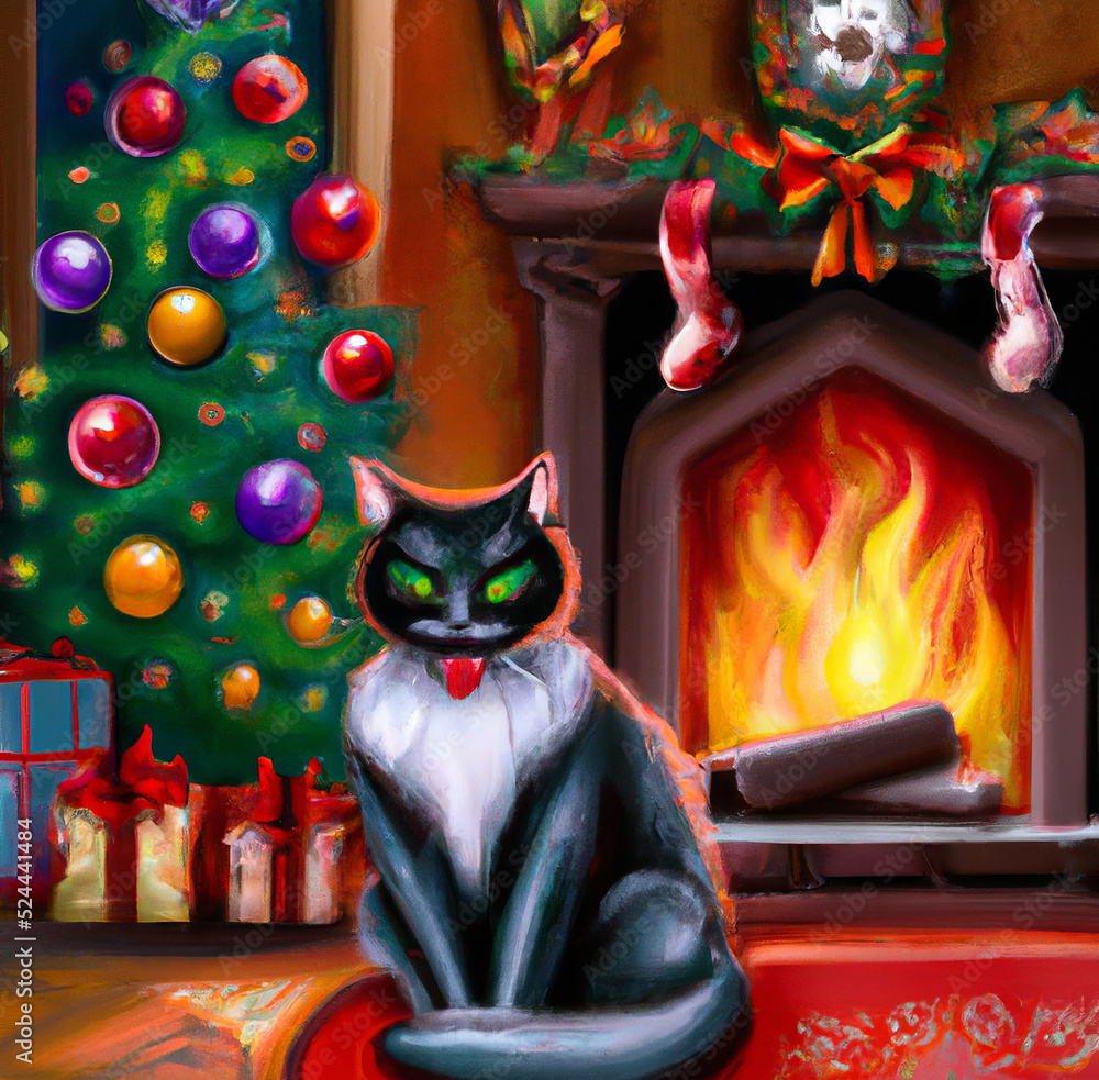 Oil painting cat at Christmas background. Art illustration.  Holiday Christmas or new year tree and fireplace. Child fairytale drawing. Illustration for print on poster, card, canvas, cover.