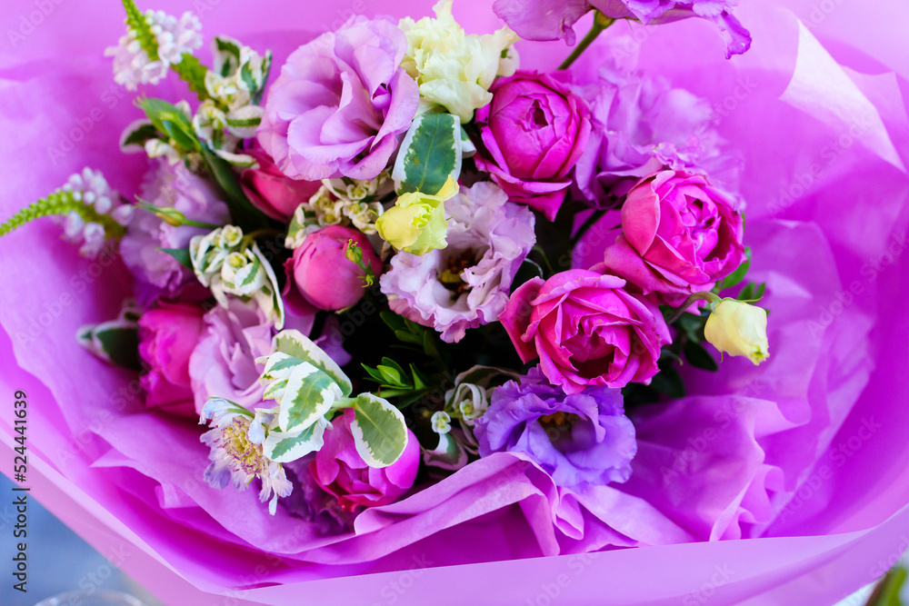 beautiful pink and lilac bouquet of fresh flowers.