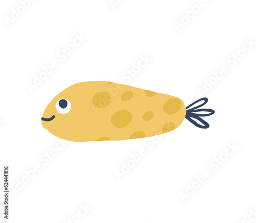 Cute hand drawn fish. yellow simple animal with big eyes and dots.
