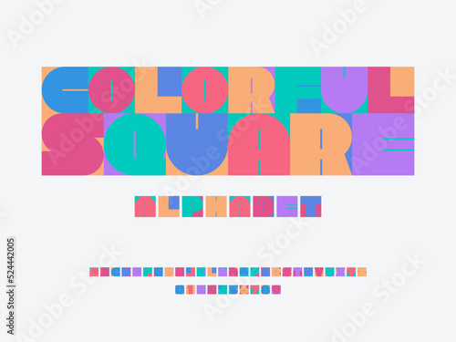 Colorful trendy style alphabet design with uppercase, numbers and symbols