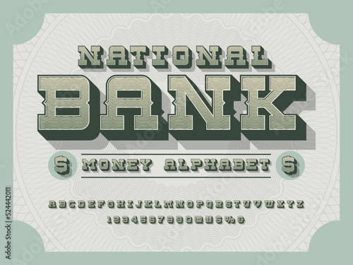 vintage style money alphabet design with decorative elements, uppercase, numbers and symbols