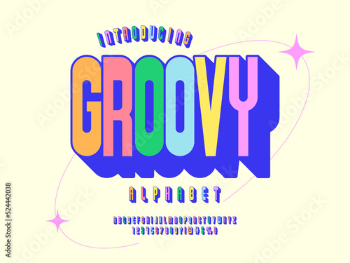 A groovy hippie style alphabet design with uppercase, numbers and symbols