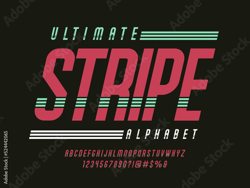 modern stripe style alphabet design with uppercase, numbers and symbols