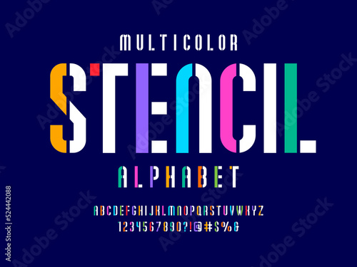 Modern stencil alphabet design with uppercase, numbers and symbols