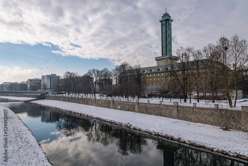 Tower of New City Hall building and Ostravica River in Ostrava city in Czech Republic © Fotokon