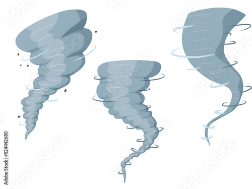 Tornado swirl set in cartoon style. Big hurricane. Cataclysm. 