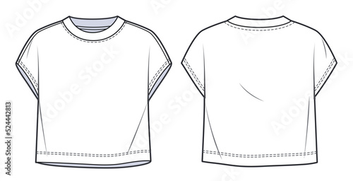 Overfit Cropped Tee Shirt fashion flat tehnical drawing template. Unisex Crop T-Shirt, Crop Top fashion CAD mockup, sleeveless, front, back view, white color.