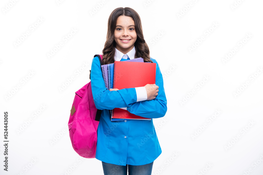 Back to school. Schoolgirl student with school bag backpack hold book on isolated studio background. School and education concept. Teenager girl in school uniform. Back to school. Schoolgirl student with school bag backpack hold book on isolated studio background. School and education concept. Teenager girl in school uniform.
